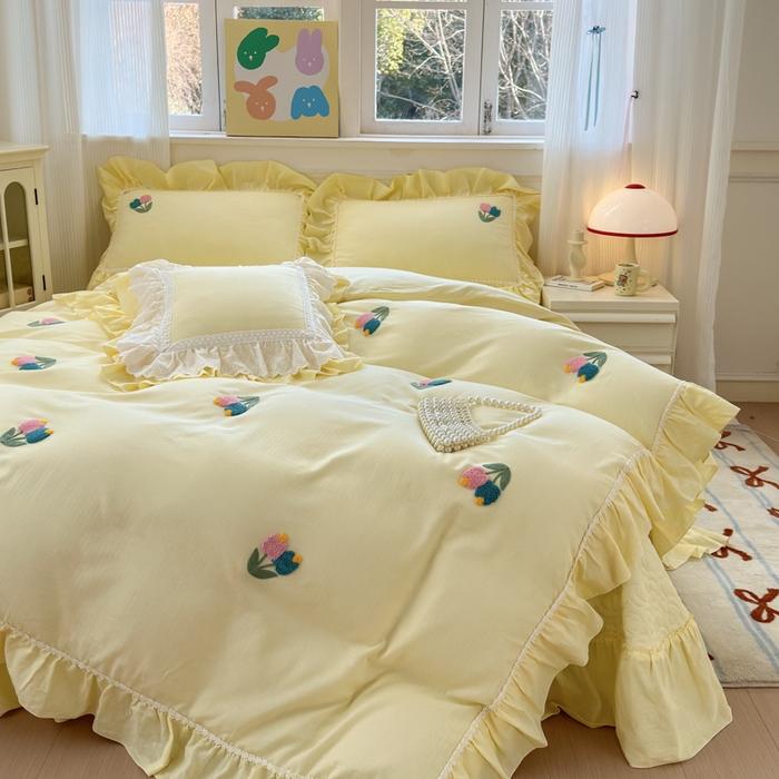 91家纺网 家纺一手货源 找家纺 淑女公社家纺 2025春夏新款全棉人字纹毛巾绣床盖款四件套-郁金香 郁金香 嫩黄