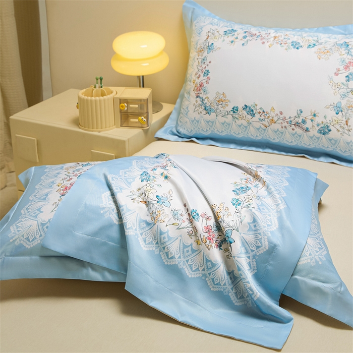 91家纺网 家纺一手货源 找家纺 笙意家纺 2025新款水洗真丝数码印花卡通枕套 花园梦境