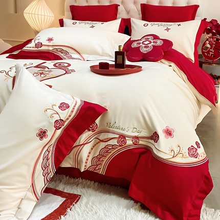 91家纺网 家纺一手货源 找家纺 （总）千禧家纺 2025新款双面长绒棉轻奢工艺款刺绣婚庆套件（贵妃枕非图上所展示款）