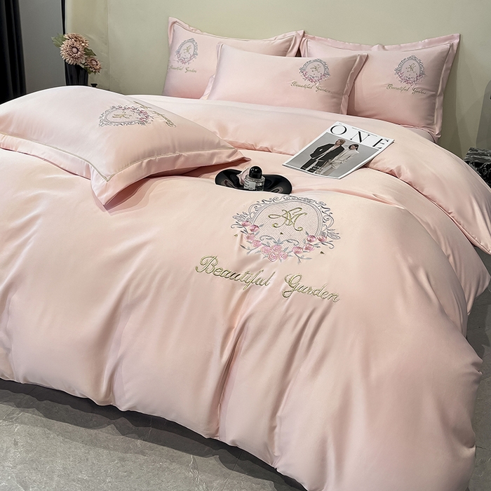 91家纺网 家纺一手货源 找家纺 金阳光 2025新款大花轻奢刺绣款水洗天丝四件套 挪威-贝壳粉