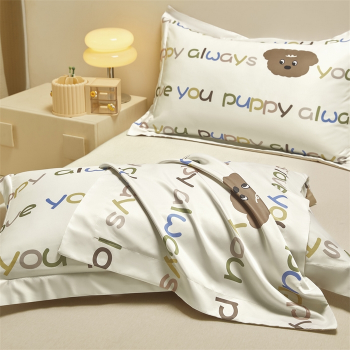 91家纺网 家纺一手货源 找家纺 笙意家纺 2025新款水洗真丝数码印花卡通枕套 泰迪狗