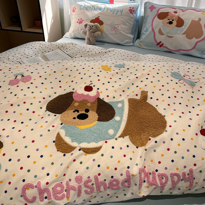 91家纺网 家纺一手货源 找家纺 蓝邻2025年新款全棉纯棉40s毛巾绣四件套 萌宠派对