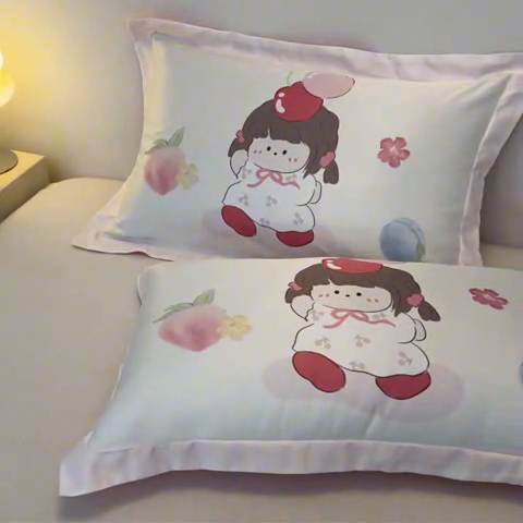 91家纺网 家纺一手货源 找家纺 笙意家纺 2025新款水洗真丝数码印花卡通枕套 樱桃女孩