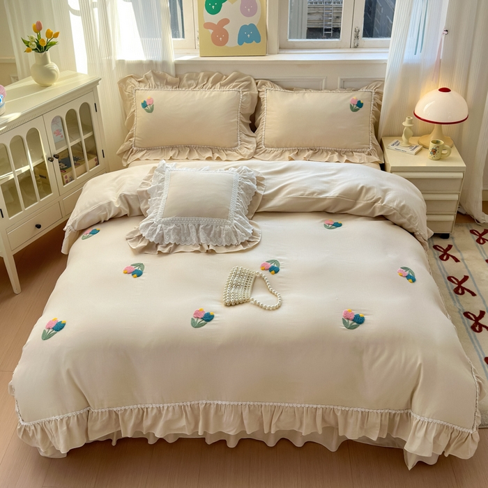 91家纺网 家纺一手货源 找家纺 淑女公社家纺 2025春夏新款全棉人字纹毛巾绣床盖款四件套-郁金香 郁金香 米白