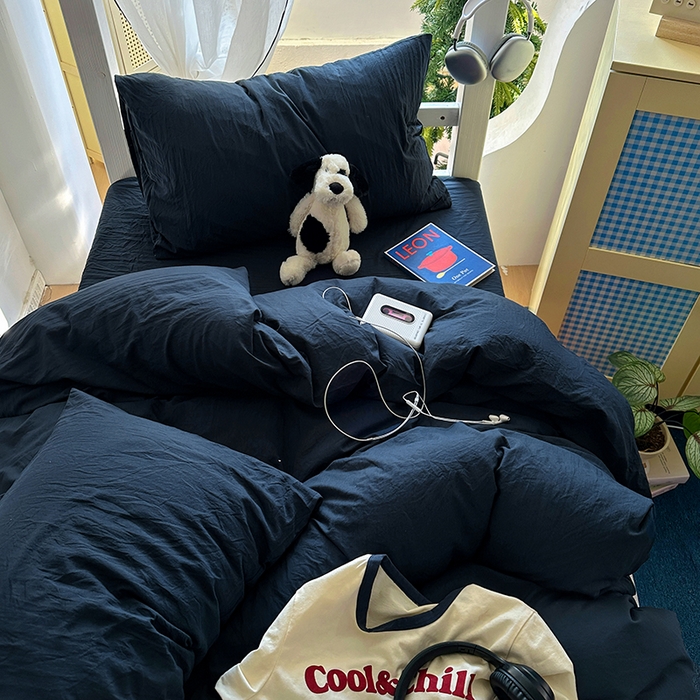 91家纺网 家纺一手货源 找家纺 阿曼达 2025新款纯色水洗m学生床单人四件套 纯色-藏青