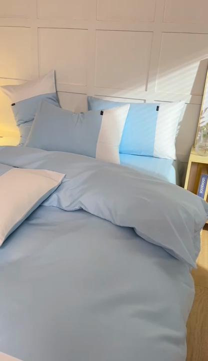 91家纺网 家纺一手货源 找家纺 慕希2025新款13372全棉拼色正拼四件套系列-简尚 简尚-蓝白