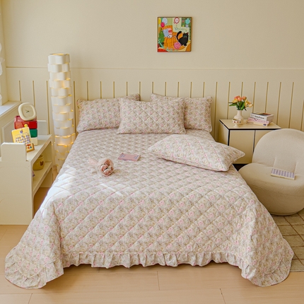 U品汇 2025新品A类全棉夹棉床盖纯棉100%棉绗缝三件套炕垫褥子13372 G杏园暖秋-粉