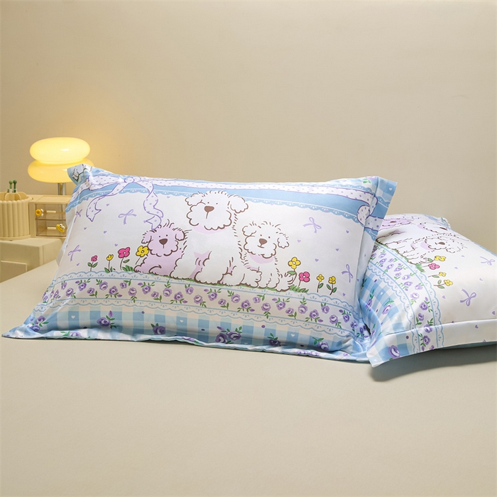 91家纺网 家纺一手货源 找家纺 笙意家纺 2025新款水洗真丝数码印花卡通枕套 小狗乐园