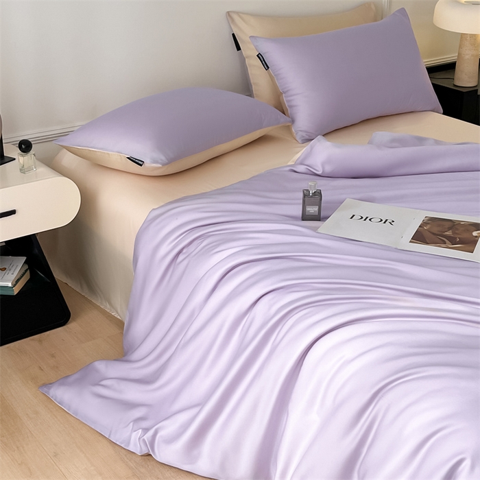 91家纺网 家纺一手货源 找家纺 笙意家纺 2025新款水洗真丝简约时尚四件套-简爱系列 简爱-星黛紫+梧桐杏