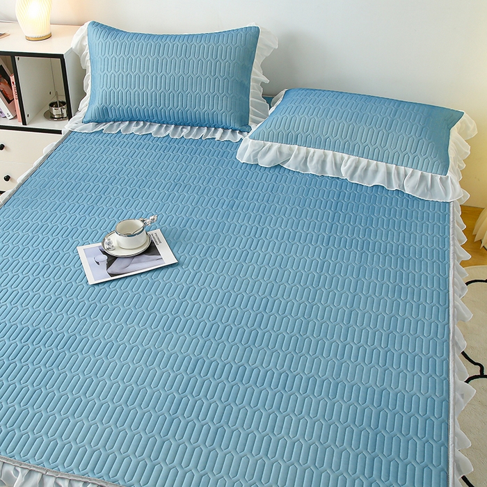 91家纺网 家纺一手货源 找家纺 伊人坊 2025新款A类凉感丝乳胶床笠凉席三件套-花边款 花边-海洋蓝