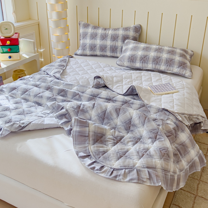 91家纺网 家纺一手货源 找家纺 U品汇 2025新品A类全棉夹棉床盖纯棉100%棉绗缝三件套炕垫褥子13372 G摩卡条纹蓝