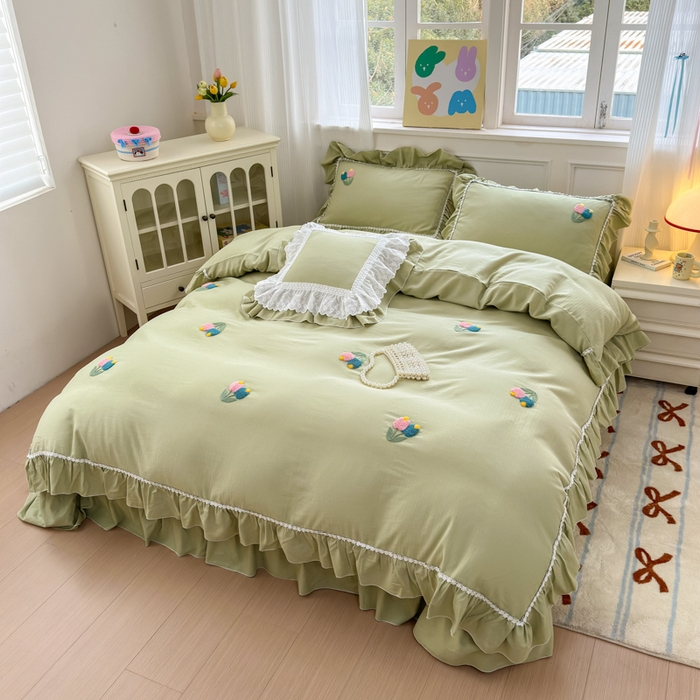 91家纺网 家纺一手货源 找家纺 淑女公社家纺 2025春夏新款全棉人字纹毛巾绣床盖款四件套-郁金香 郁金香 牛油果绿