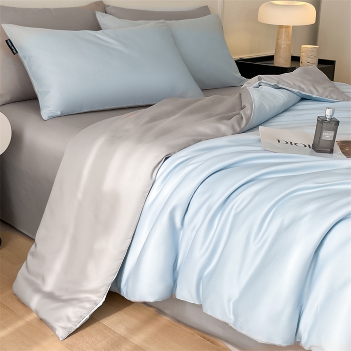 91家纺网 家纺一手货源 找家纺 笙意家纺 2025新款水洗真丝简约时尚四件套-简爱系列 简爱-天空蓝+山灰