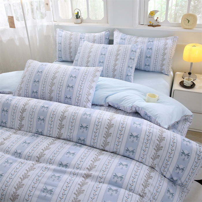 91家纺网 家纺一手货源 找家纺 织写 2025新款A类双层纱针织棉四件套床单四件套床单四件套小清新四件套 初享时光-蓝