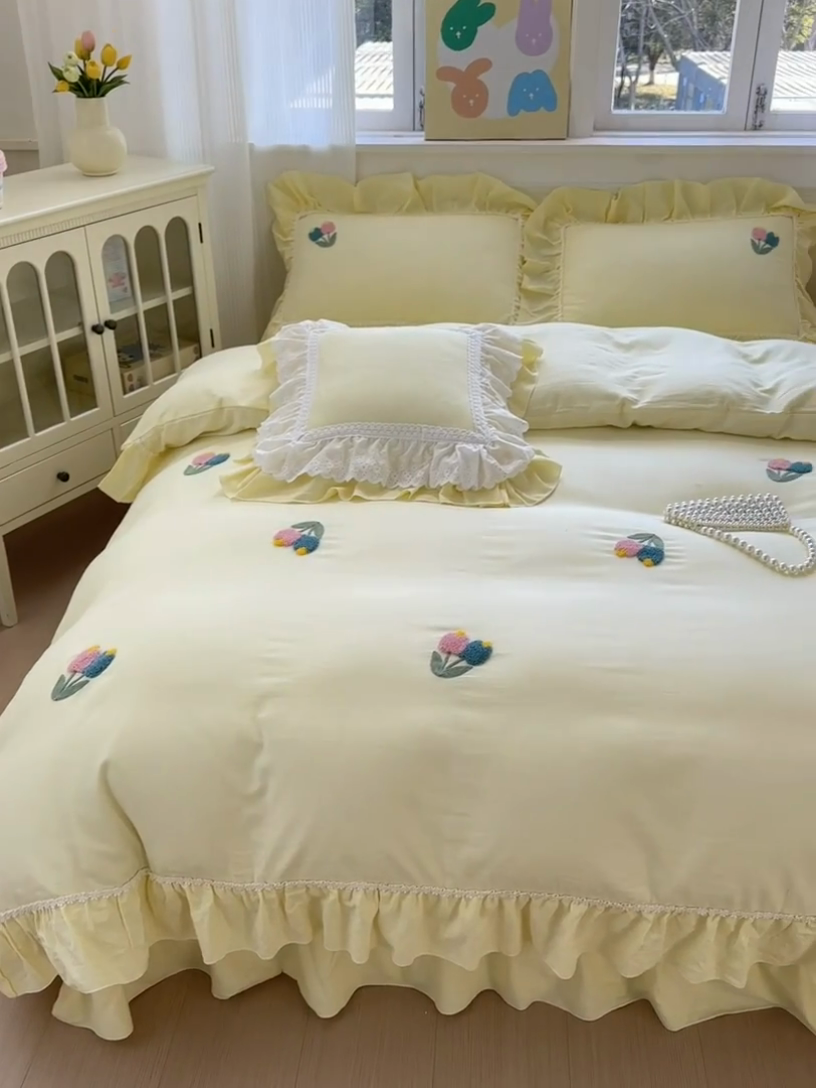 91家纺网 家纺一手货源 找家纺 淑女公社家纺 2025春夏新款全棉人字纹毛巾绣床盖款四件套-郁金香 郁金香 嫩黄