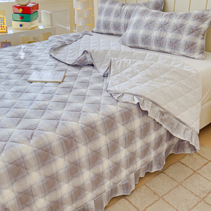 91家纺网 家纺一手货源 找家纺 U品汇 2025新品A类全棉夹棉床盖纯棉100%棉绗缝三件套炕垫褥子13372 G摩卡条纹蓝