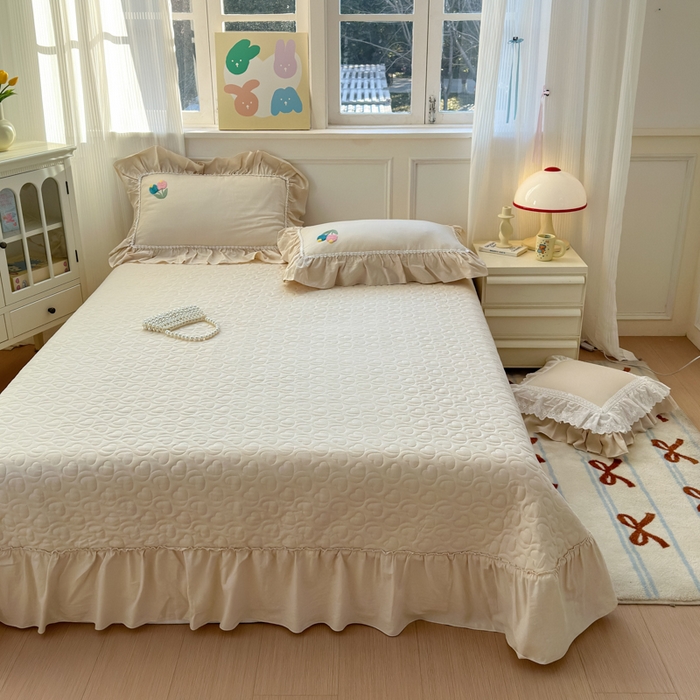 91家纺网 家纺一手货源 找家纺 淑女公社家纺 2025春夏新款全棉人字纹毛巾绣床盖款四件套-郁金香 郁金香 米白