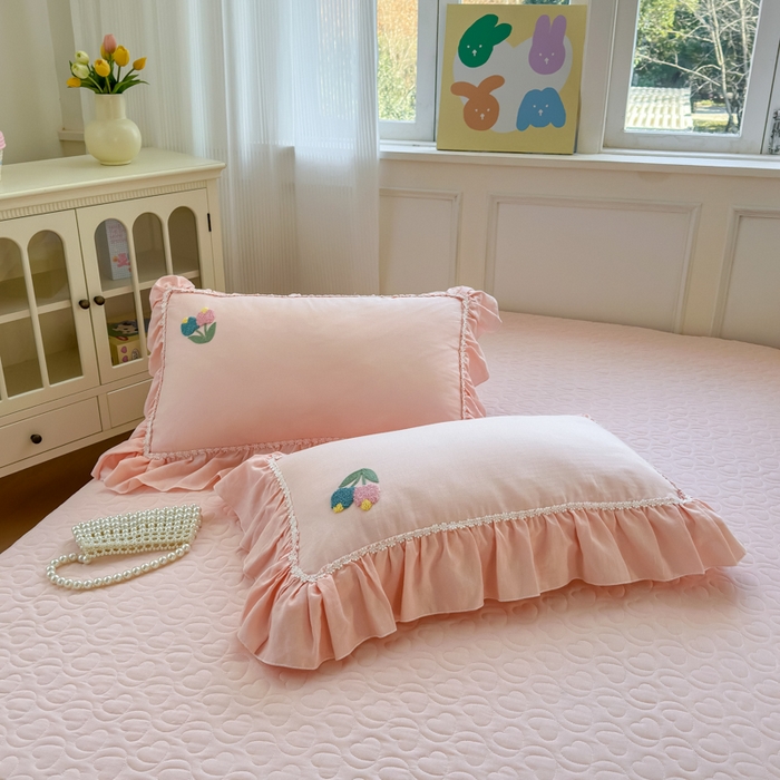 91家纺网 家纺一手货源 找家纺 淑女公社家纺 2025春夏新款全棉人字纹毛巾绣床盖款四件套-郁金香 郁金香 淡粉