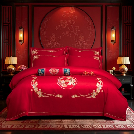 91家纺网 家纺一手货源 找家纺 花愿（原花纪） 2025新款全棉婚庆刺绣款四件套 龙凤佳缘