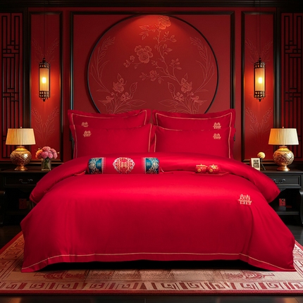 花愿（原花纪） 2025新款全棉婚庆刺绣款四件套 吾家有喜