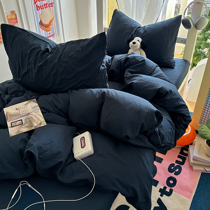 91家纺网 家纺一手货源 找家纺 阿曼达 2025新款纯色水洗m学生床单人四件套 纯色-藏青