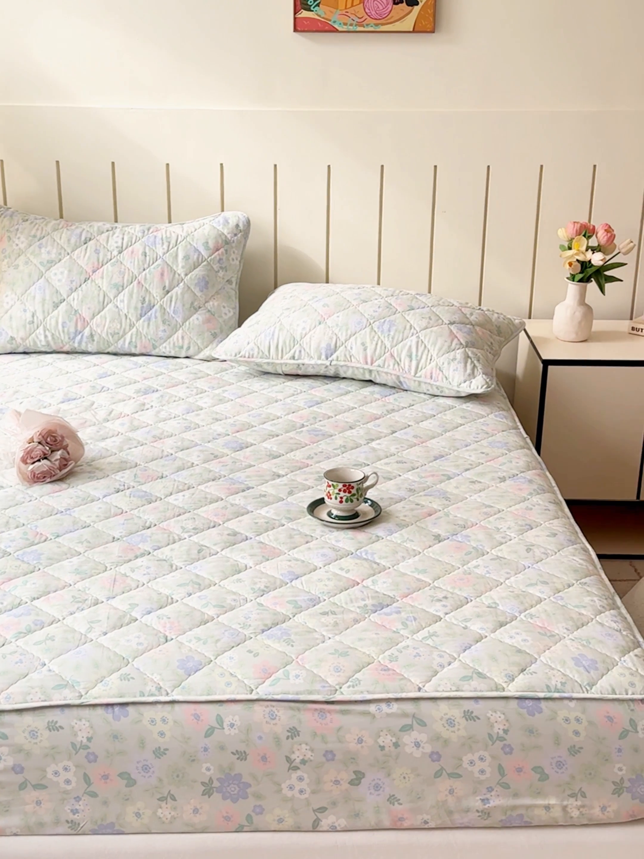 91家纺网 家纺一手货源 找家纺 U品汇 2025新款A类全棉夹棉防水床笠床罩单件隔尿透气床垫加厚防尘可水洗保护套 向云端绿