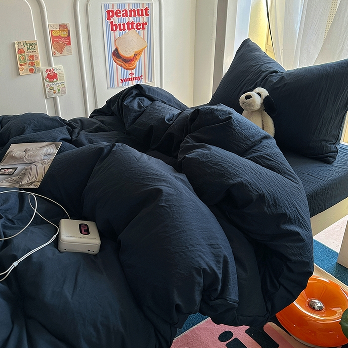 91家纺网 家纺一手货源 找家纺 阿曼达 2025新款纯色水洗m学生床单人四件套 纯色-藏青