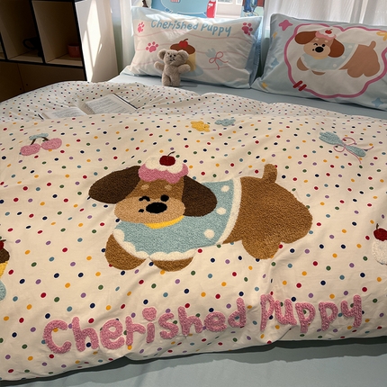 91家纺网 家纺一手货源 找家纺 蓝邻2025年新款全棉纯棉40s毛巾绣四件套 萌宠派对