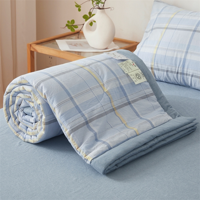 91家纺网 家纺一手货源 找家纺  2025新款A类里外全棉夏凉被100%新疆棉纯棉全棉填充无印格子款空调被全棉夏被 里外全棉-简蓝格