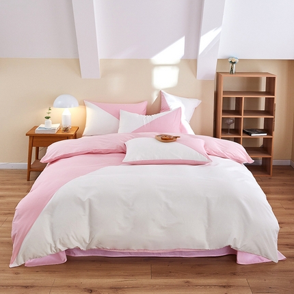 慕希2025新款40S全棉喷气13372简约三角拼四件套 简约-嫩粉白