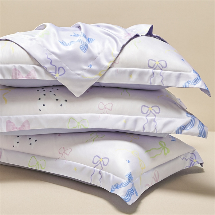 91家纺网 家纺一手货源 找家纺 笙意家纺 2025新款水洗真丝数码印花卡通枕套 蝴蝶结