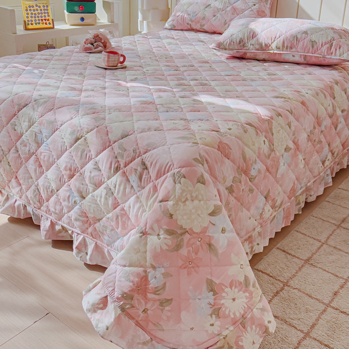 91家纺网 家纺一手货源 找家纺 U品汇 2025新品A类全棉夹棉床盖纯棉100%棉绗缝三件套炕垫褥子13372 G晚色芳莲粉