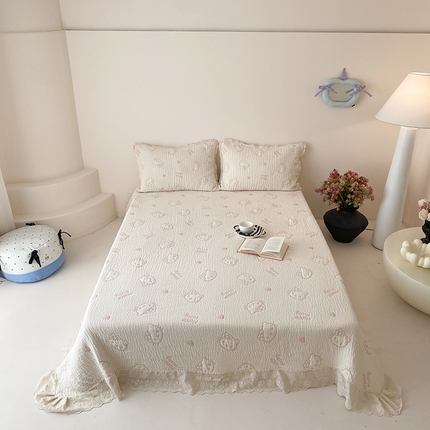 麻依 2025新款韩国清新全棉纱布床盖三件套 奶盖KT