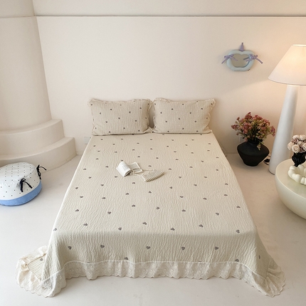 麻依 2025新款韩国清新全棉纱布床盖三件套 桃心-米白