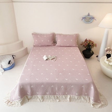 麻依 2025新款韩国清新全棉纱布床盖三件套 丝带