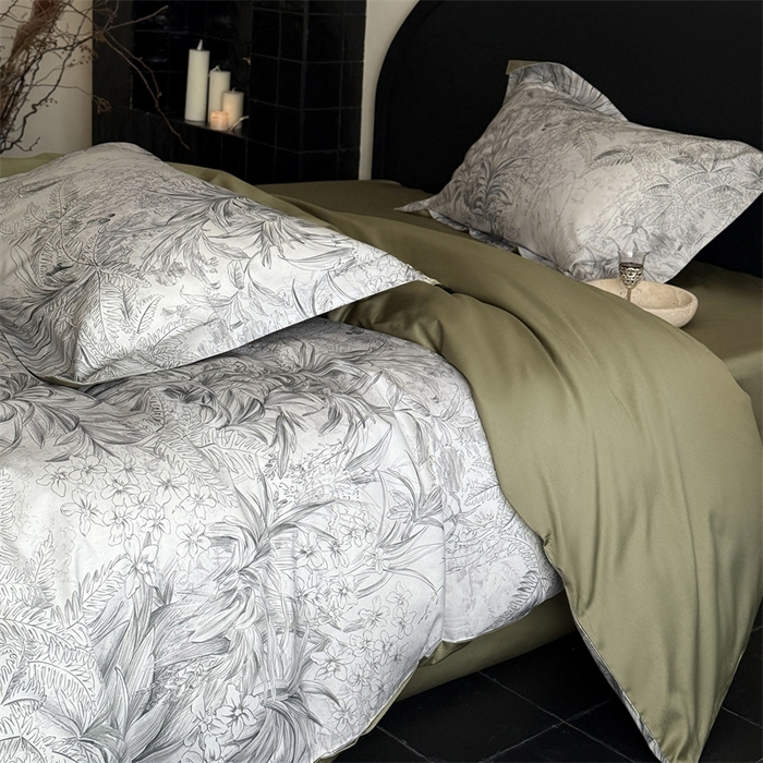 91家纺网 家纺一手货源 找家纺 鹿班家居 2025年春夏款100S长绒棉数码印花系列四件套—挪威森林 挪威森林-浅绿