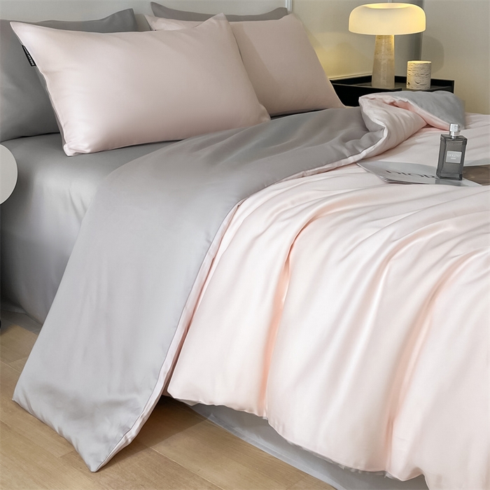 91家纺网 家纺一手货源 找家纺 笙意家纺 2025新款水洗真丝简约时尚四件套-简爱系列 简爱-奶油粉+山灰