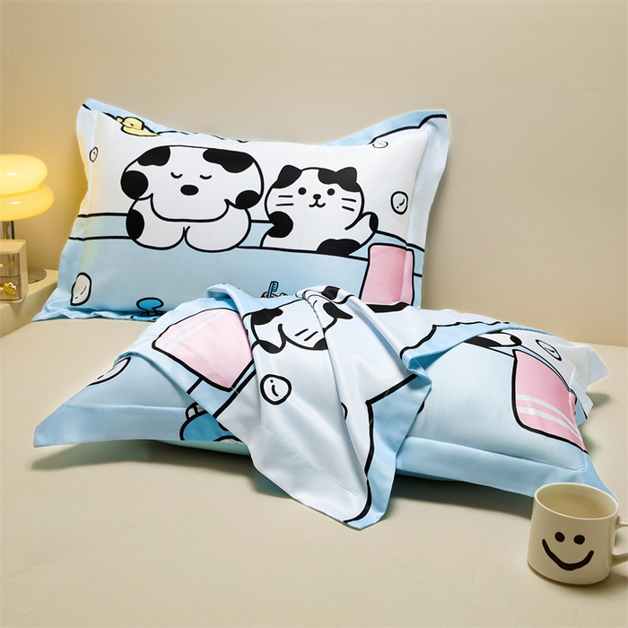 91家纺网 家纺一手货源 找家纺 笙意家纺 2025新款水洗真丝数码印花卡通枕套 萌宠猫狗