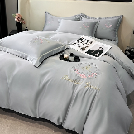 91家纺网 家纺一手货源 找家纺 金阳光 2025新款大花轻奢刺绣款水洗天丝四件套 挪威-绅士灰