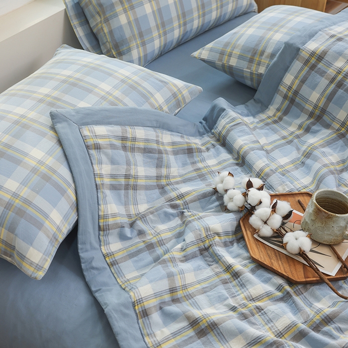 91家纺网 家纺一手货源 找家纺 柠萌家居 2025新款全棉色织水洗棉棉花夏被四件套里外全棉 夏凉被被子被芯 简兮蓝