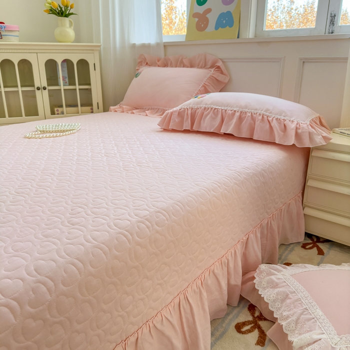 91家纺网 家纺一手货源 找家纺 淑女公社家纺 2025春夏新款全棉人字纹毛巾绣床盖款四件套-郁金香 郁金香 淡粉