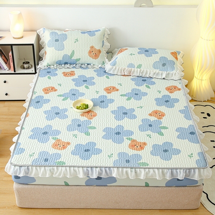 91家纺网 家纺一手货源 找家纺 （总）伊人坊 2025新款A类凉感丝乳胶床笠凉席三件套-花边款