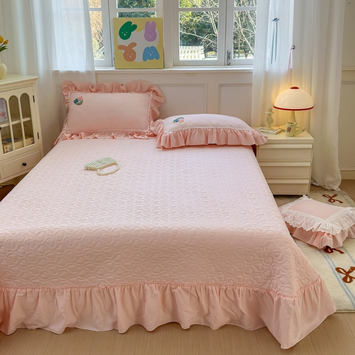 91家纺网 家纺一手货源 找家纺 淑女公社家纺 2025春夏新款全棉人字纹毛巾绣床盖款四件套-郁金香 郁金香 淡粉