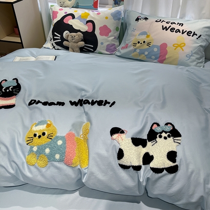 91家纺网 家纺一手货源 找家纺 蓝邻2025年新款全棉纯棉40s毛巾绣四件套 蓝梦喵语