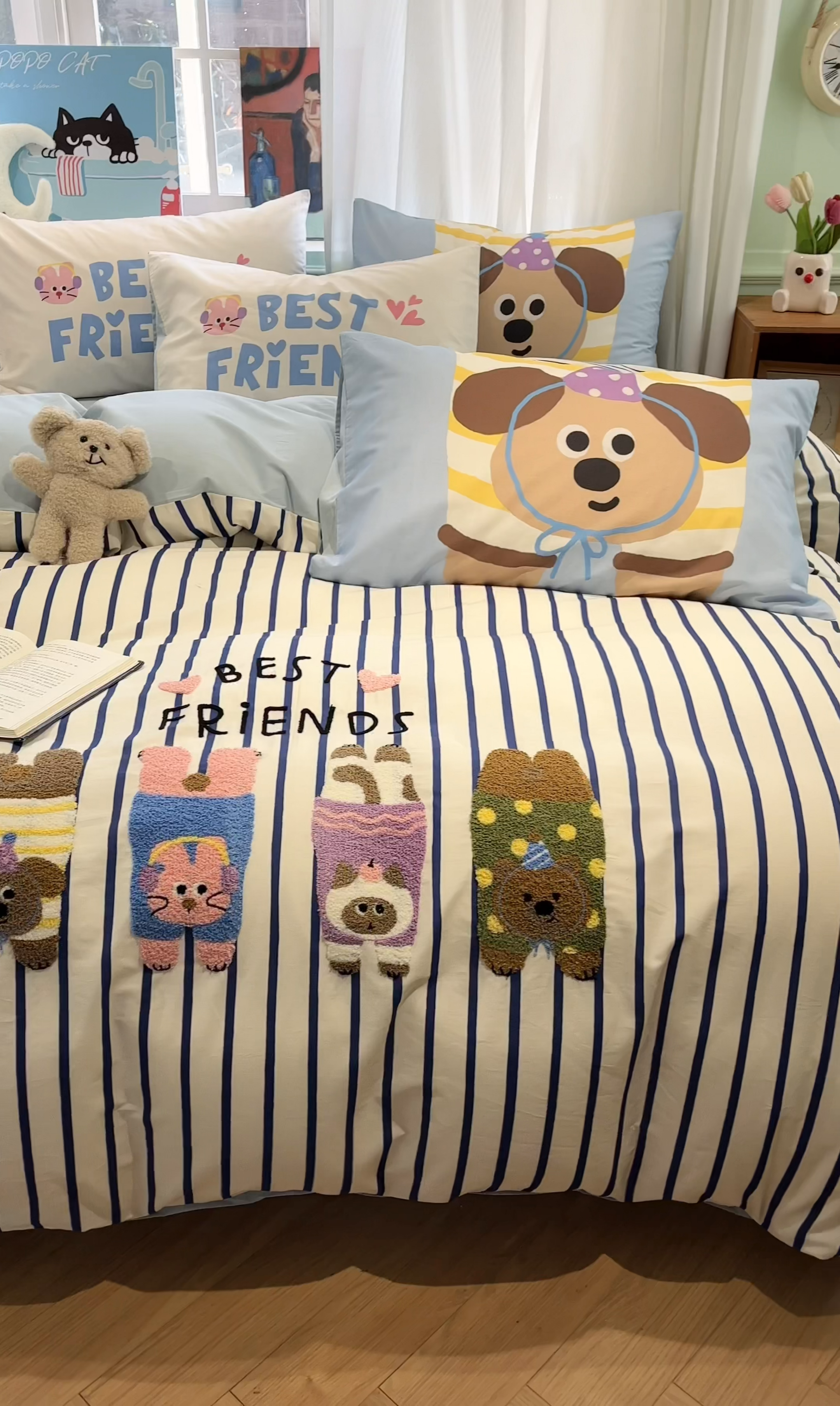 91家纺网 家纺一手货源 找家纺 蓝邻2025年新款全棉纯棉40s毛巾绣四件套 熊喵犬伴