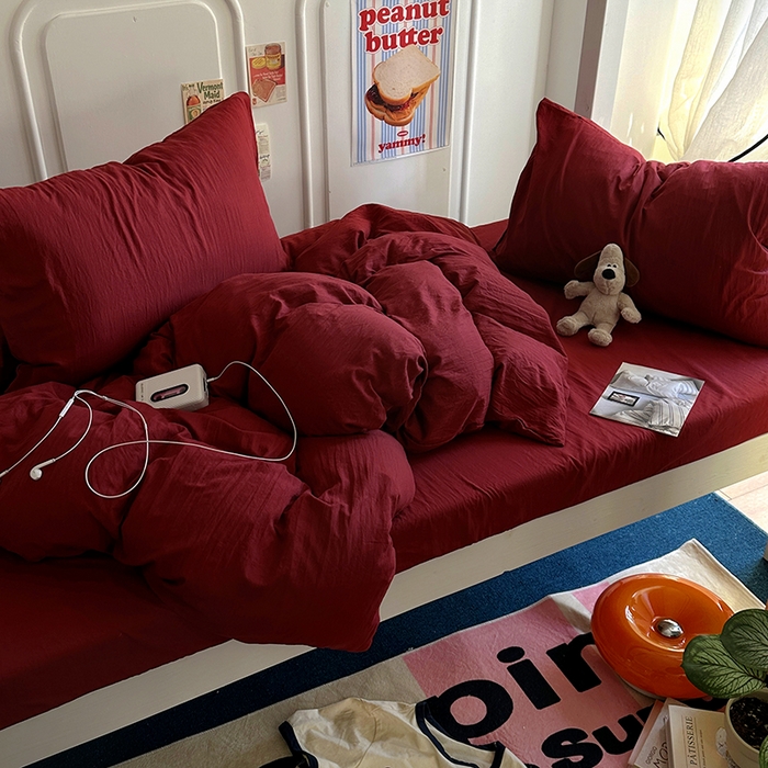 91家纺网 家纺一手货源 找家纺 阿曼达 2025新款纯色水洗m学生床单人四件套 纯色-安可拉红