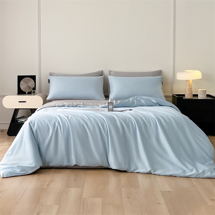 91家纺网 家纺一手货源 找家纺 笙意家纺 2025新款水洗真丝简约时尚四件套-简爱系列 简爱-天空蓝+山灰