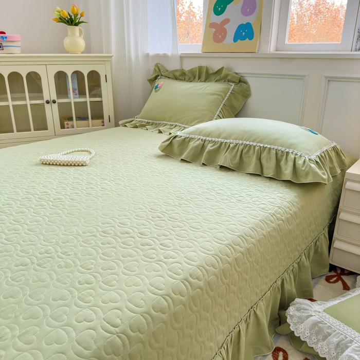 91家纺网 家纺一手货源 找家纺 淑女公社家纺 2025春夏新款全棉人字纹毛巾绣床盖款四件套-郁金香 郁金香 牛油果绿