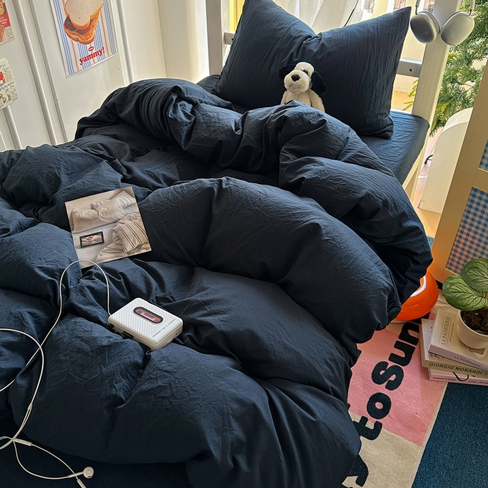 91家纺网 家纺一手货源 找家纺 阿曼达 2025新款纯色水洗m学生床单人四件套 纯色-藏青