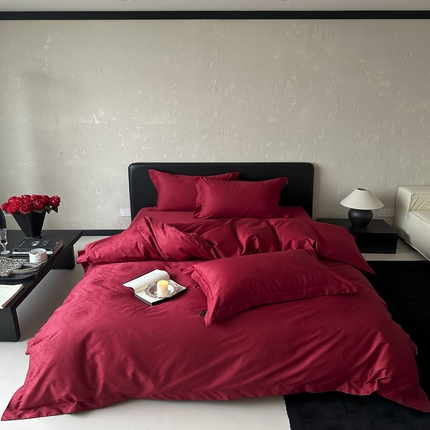 91家纺网 家纺一手货源 找家纺 （总）三味舒屋2025春夏新品S50全棉提花婚庆系列四件套杏芙礼朗姆酒红